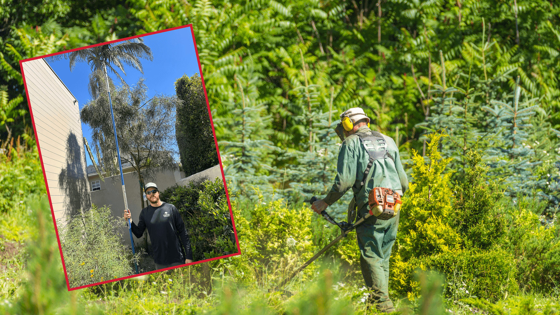 Arborist at work, one using a pole saw for tree trimming, another using a weed trimmer in a garden.