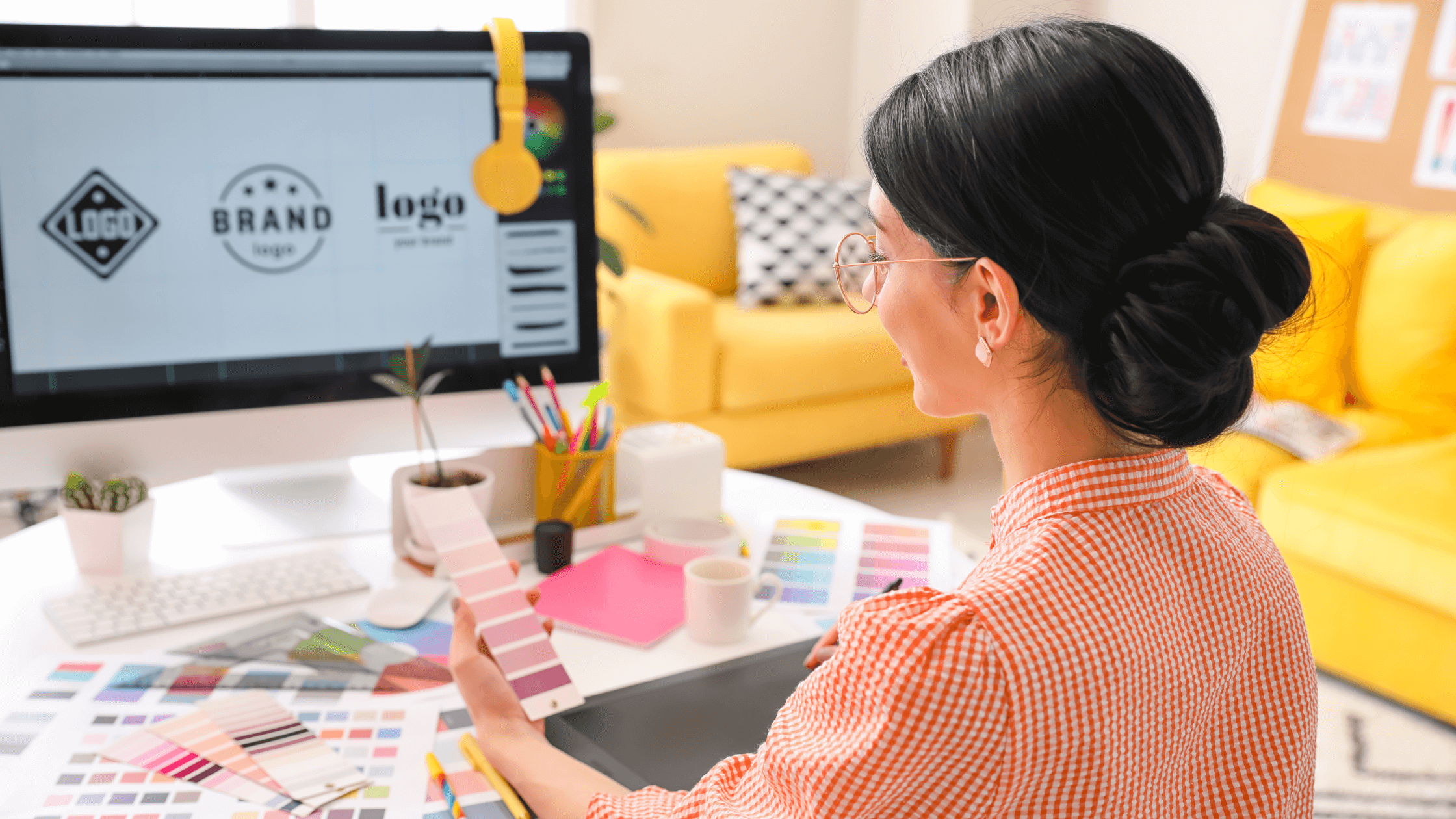 A graphic designer, working at her computer with logo designs on screen and color palettes in hand, symbolizing a thriving graphic design career in a creative trade.