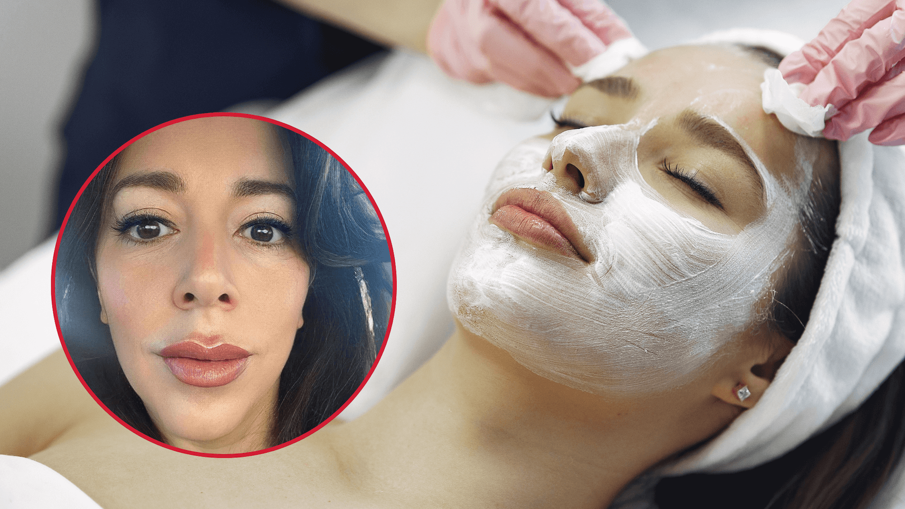 Professional hands applying a face mask, with a portrait of Julie, illustrating the journey of developing skills and turning a passion into a fulfilling profession.