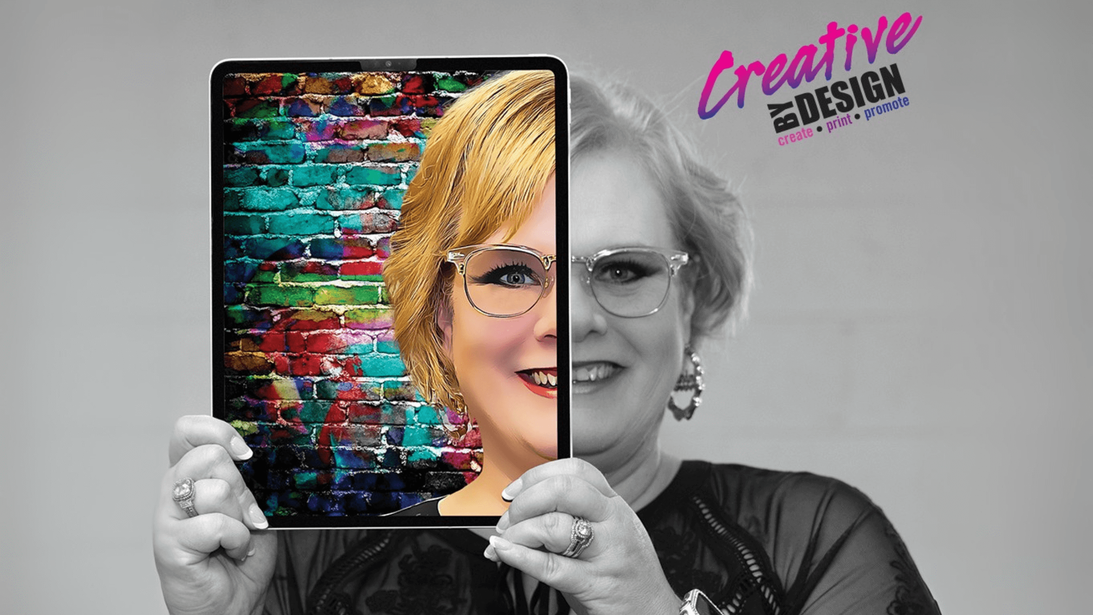 A split image of Kim, with one side in color reflecting creative design work on a tablet and the other in black and white, representing the journey of developing a graphic design career.