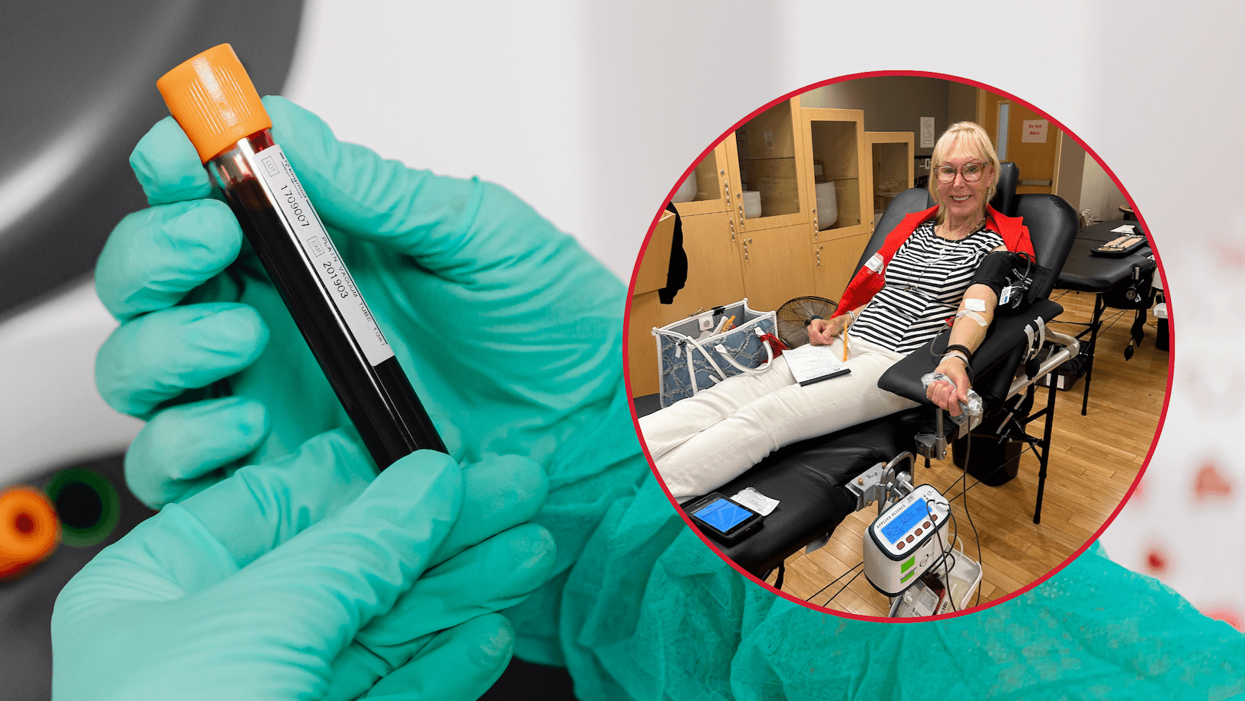 A healthcare professional holds a blood sample tube, while a donor smiles during a blood donation, symbolizing a new direction with purpose and community contribution.