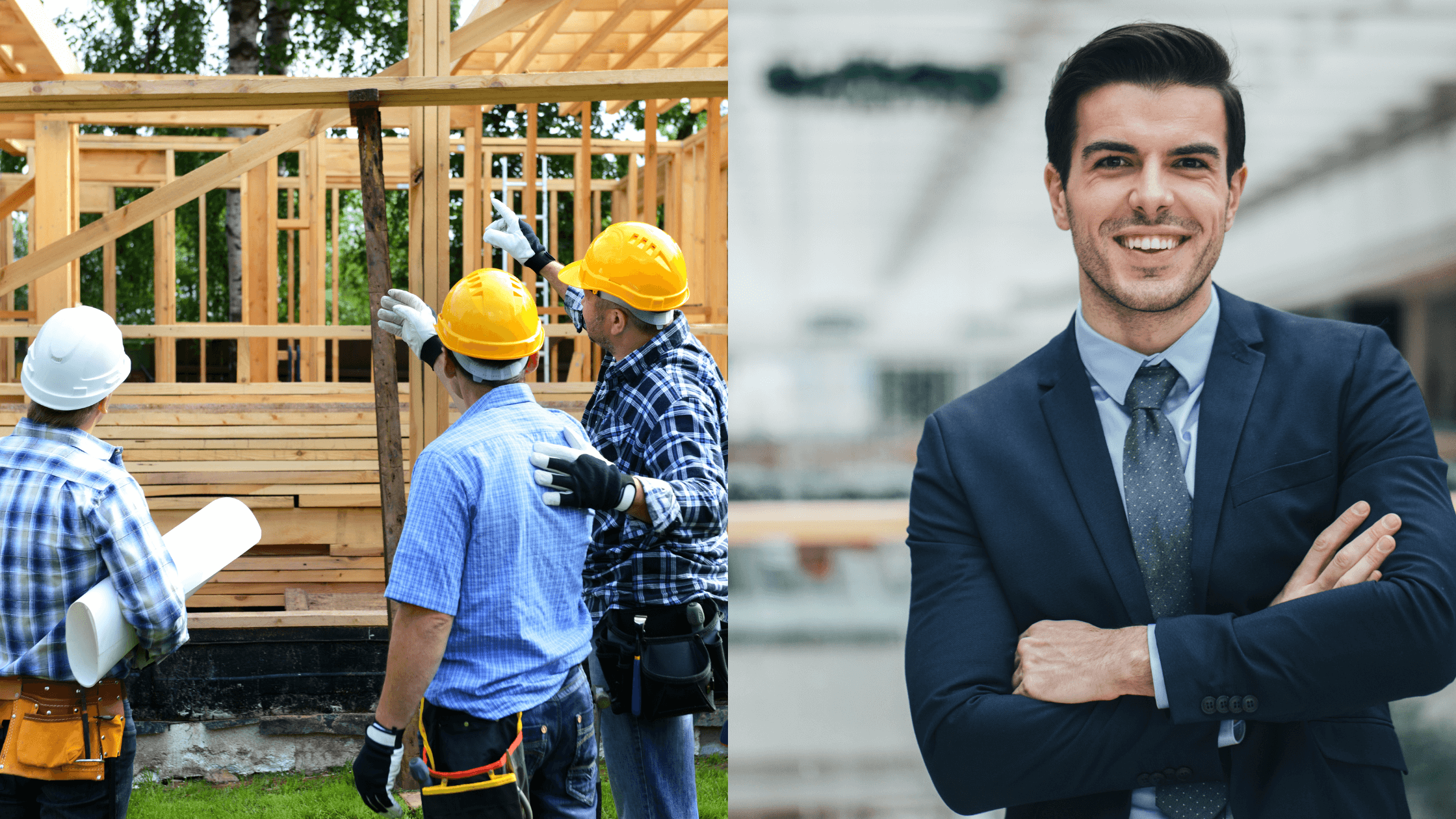 A split image showing construction workers on a job site next to a smiling professional in a suit, symbolizing a career transition from hands-on trades to sales within the construction industry.