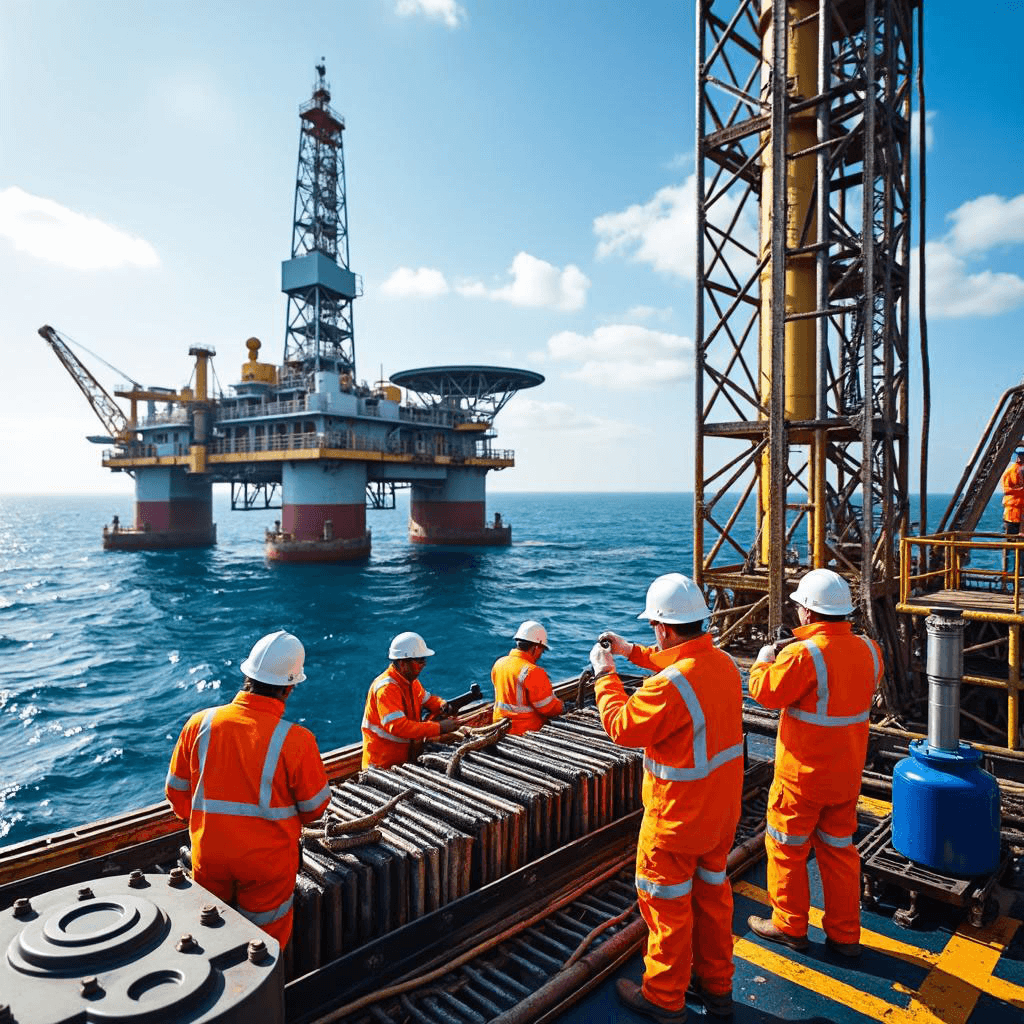 Offshore workers in safety gear on an oil rig, representing a demanding but rewarding electronic technician career in skilled trades that pay well.