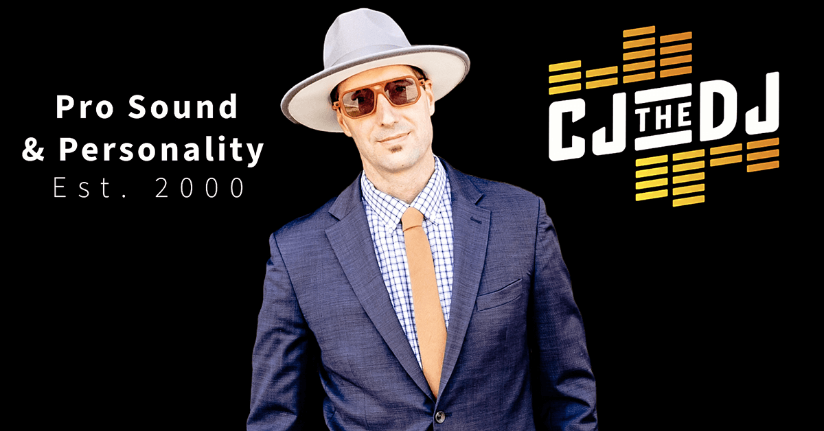A professional DJ in a suit and hat, with a logo graphic, representing a successful entrepreneurship and creative service trade career.