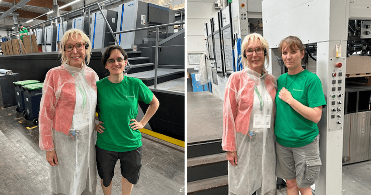 Jan with Liliya and Angelika in protective gear standing in a print and packaging facility, symbolizing the successful growth of women in the manufacturing industry.