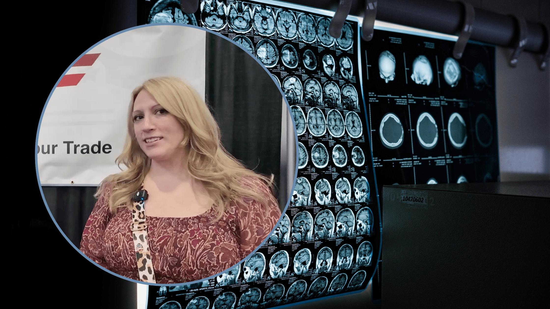 A healthcare professional in front of a TradeWorks USA display, with an inset showing multiple high-resolution MRI brain scans on a lightboard, highlighting the technical nature of medical imaging trades.