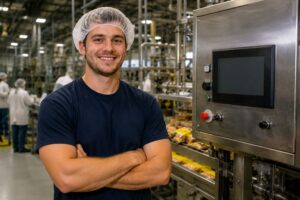 Jacob, a machine operator, standing with arms crossed beside packaging equipment in a food manufacturing plant